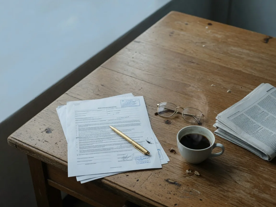 A real estate contract, gold pen, reading glasses, and coffee on a worn oak desk
