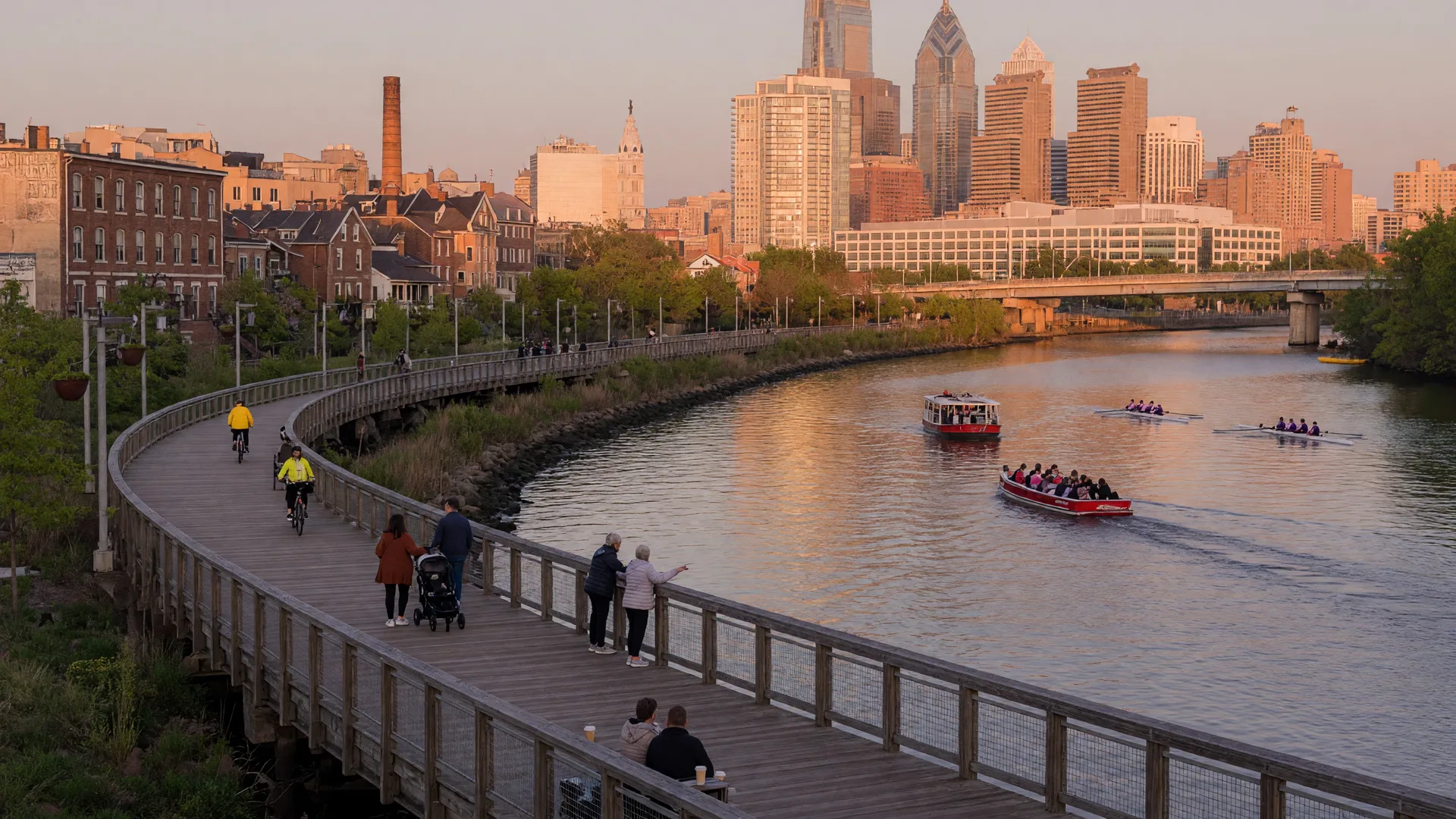 Schuylkill Banks Boardwalk with river views and skyline backdrop