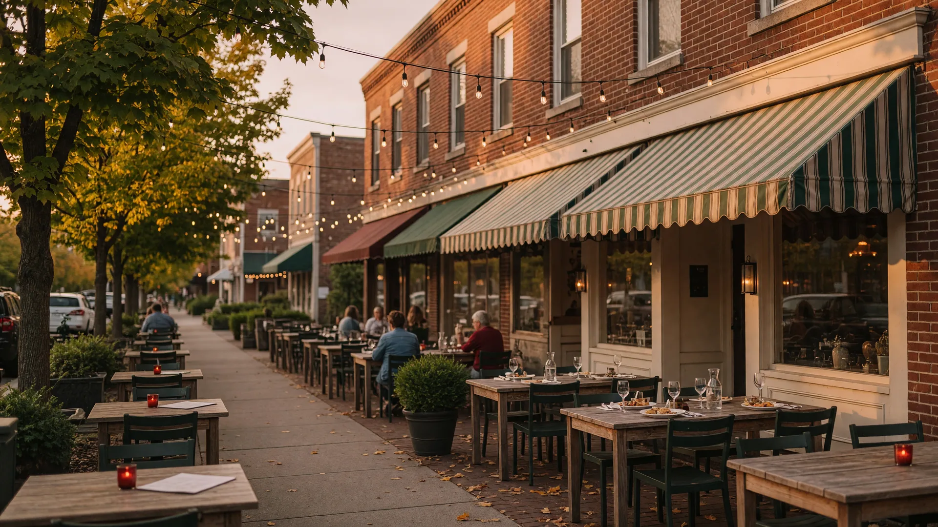 A warm main-street dining scene with striped awnings and string lights in a North Bay small town