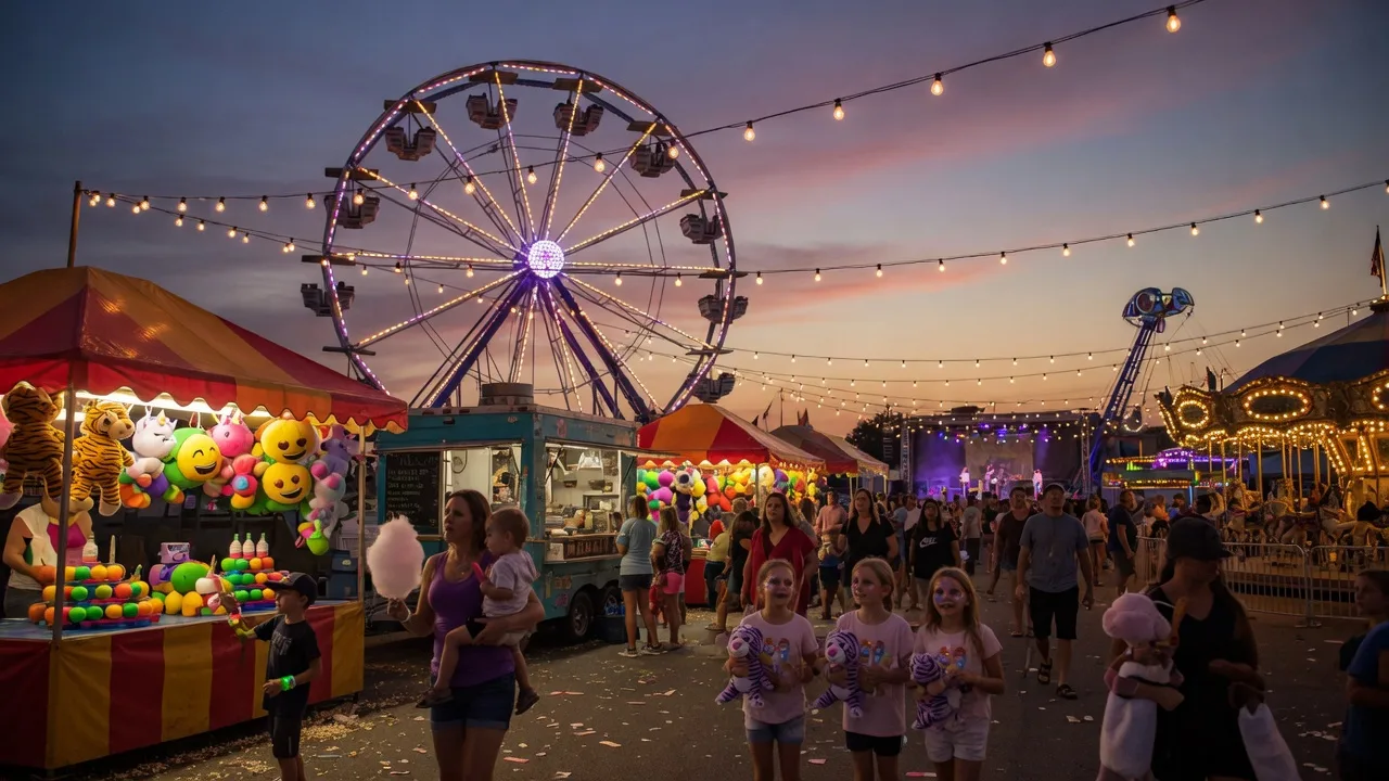 Summer community event in Northeast Ohio with people, lights, and local festivities