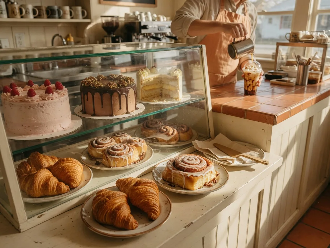 Warm bakery display case with frosted layer cakes and fresh pastries at The Loven Bakery near Atascocita
