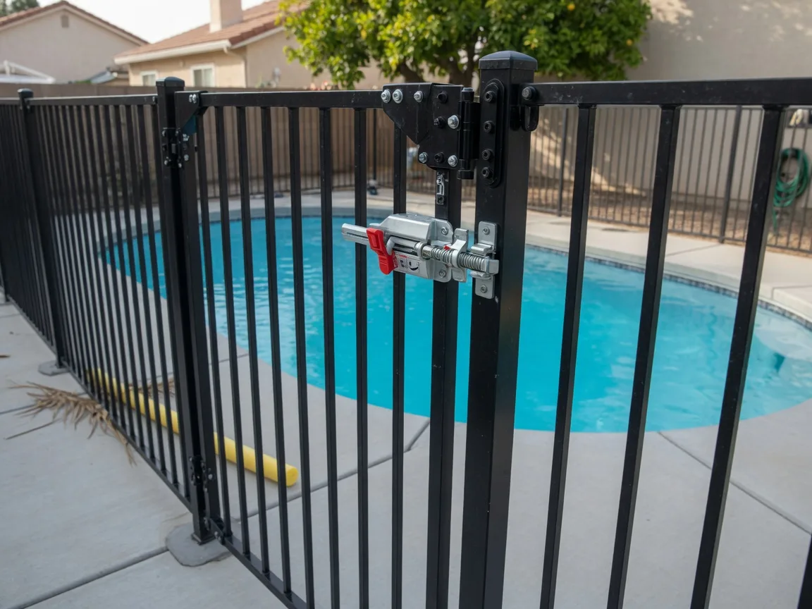 A self-closing, self-latching metal gate on a 60-inch pool safety fence in a California backyard, with the latch mechanism in sharp focus and a clear in-ground pool visible beyond the fence