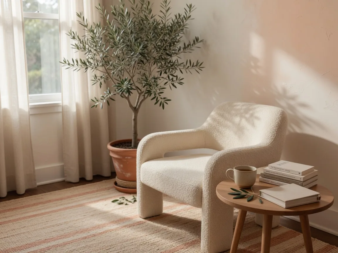 A cream armchair by a tall window in a bright, peaceful psychotherapy office