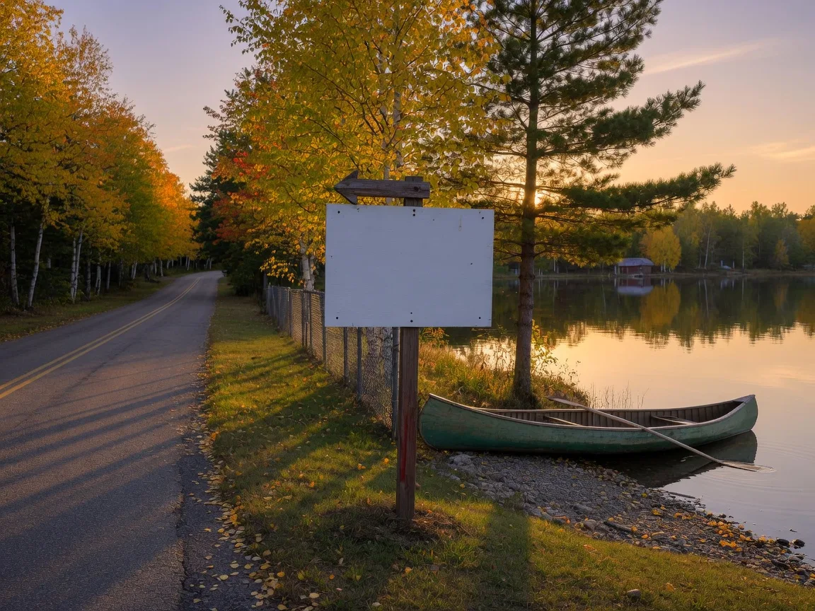 A quiet rural Minnesota road in early autumn at golden hour with a for-sale sign at a lakefront property, birch and pine trees, and a canoe pulled up on the calm shore