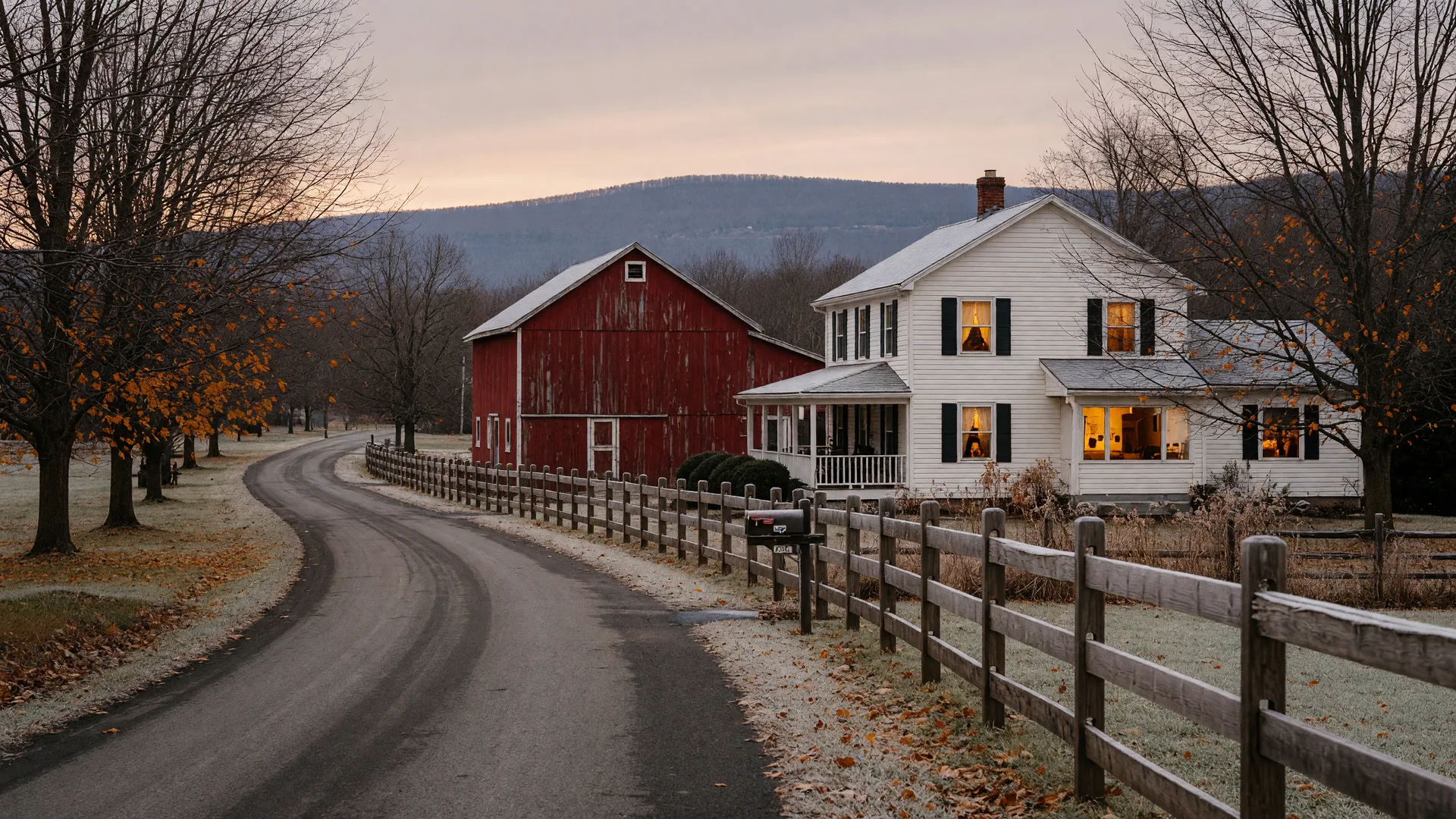 Frost on a quiet Lehigh Valley country lane in late November, with bare trees, a red barn and white farmhouse with warm glowing windows, frost-rimed fence rails, and the Blue Mountain ridge on the horizon
