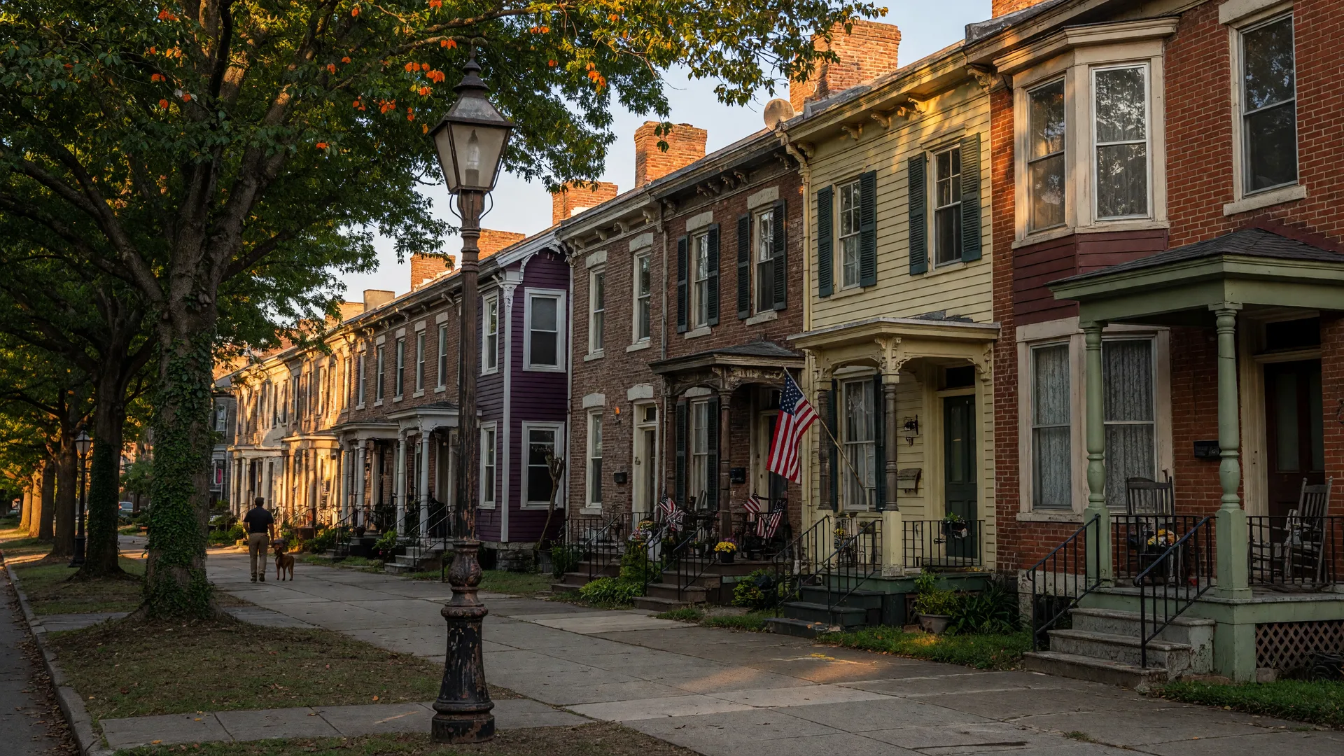 Historic brick and clapboard townhomes along a tree-shaded street in the Ghent district of Norfolk