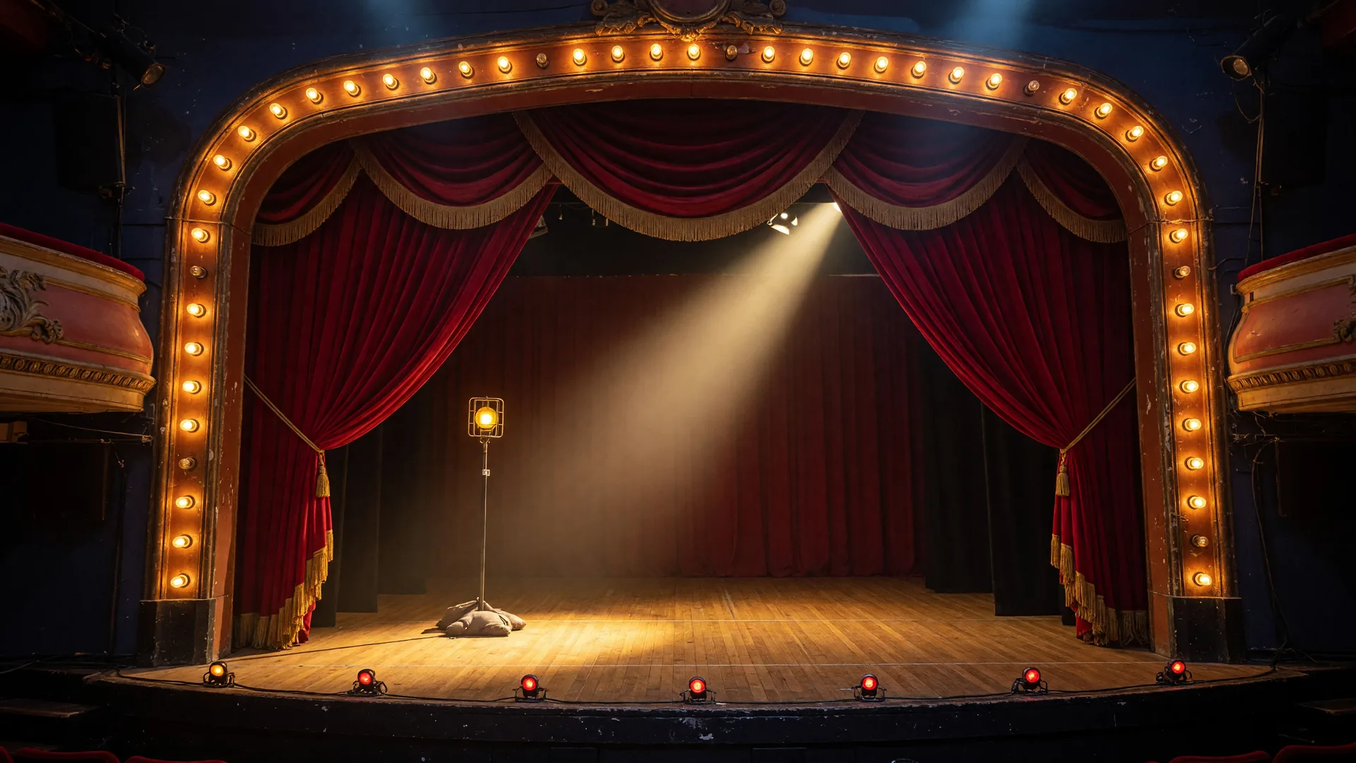 A community theatre stage with parted red velvet curtains, a warm spotlight on the hardwood stage, and a ghost light standing stage left