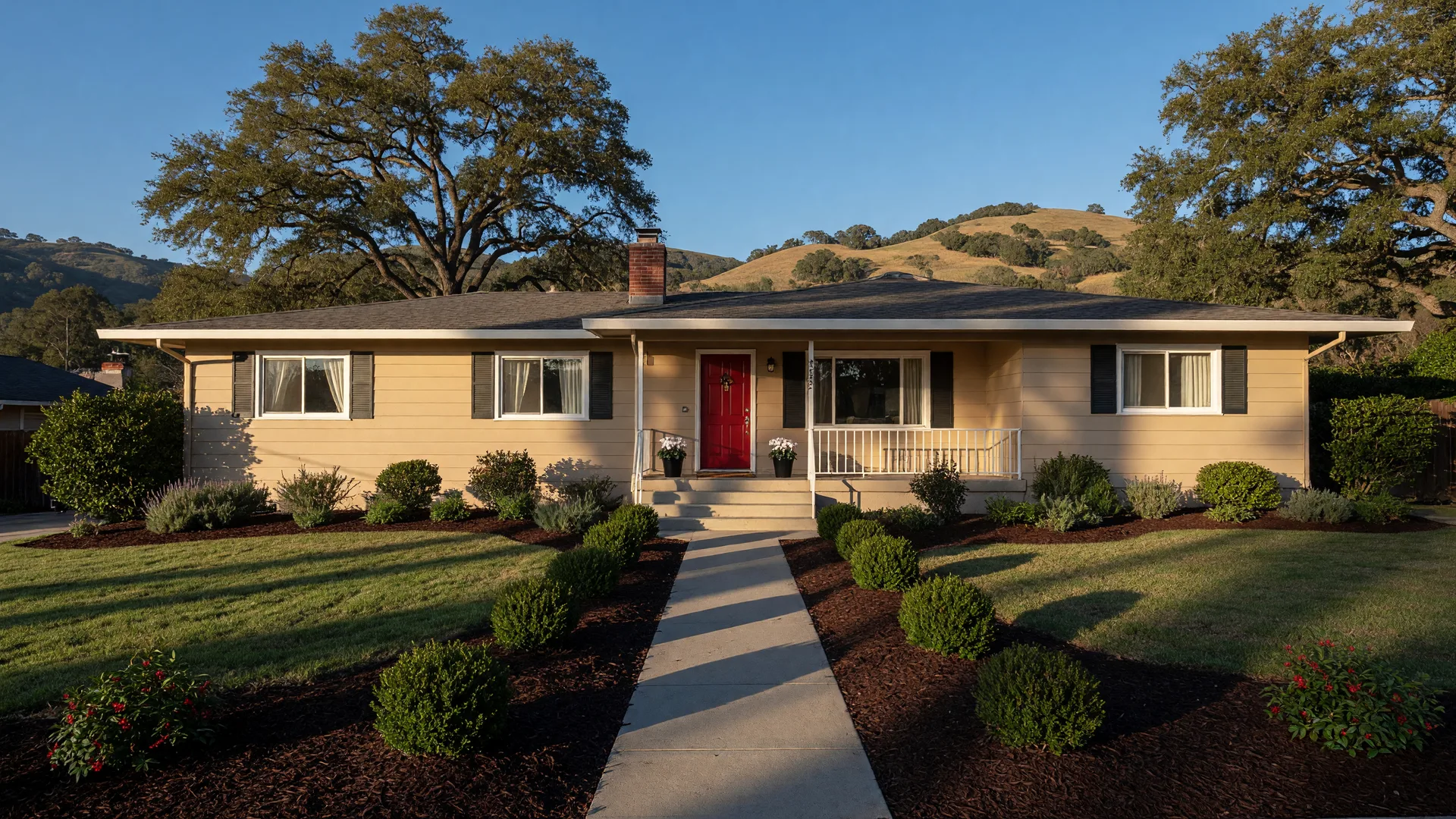 A freshly prepared mid-century ranch home in the Castro Valley hills on a clear morning with crisp paint, fresh mulch landscaping, and a clean walkway