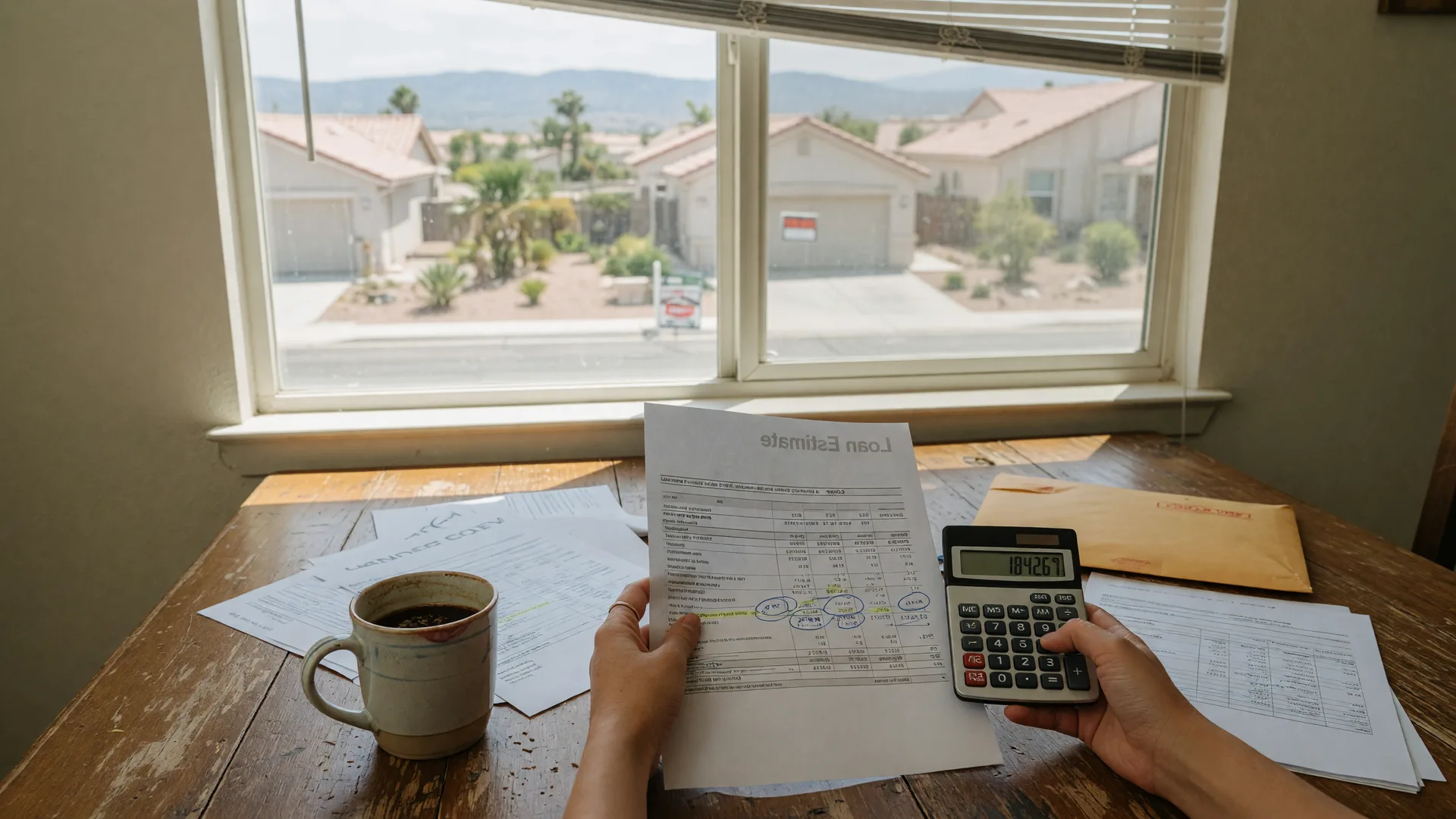 A homebuyer reviewing mortgage documents with a calculator on a kitchen table, coffee nearby and a neighborhood view through the window.