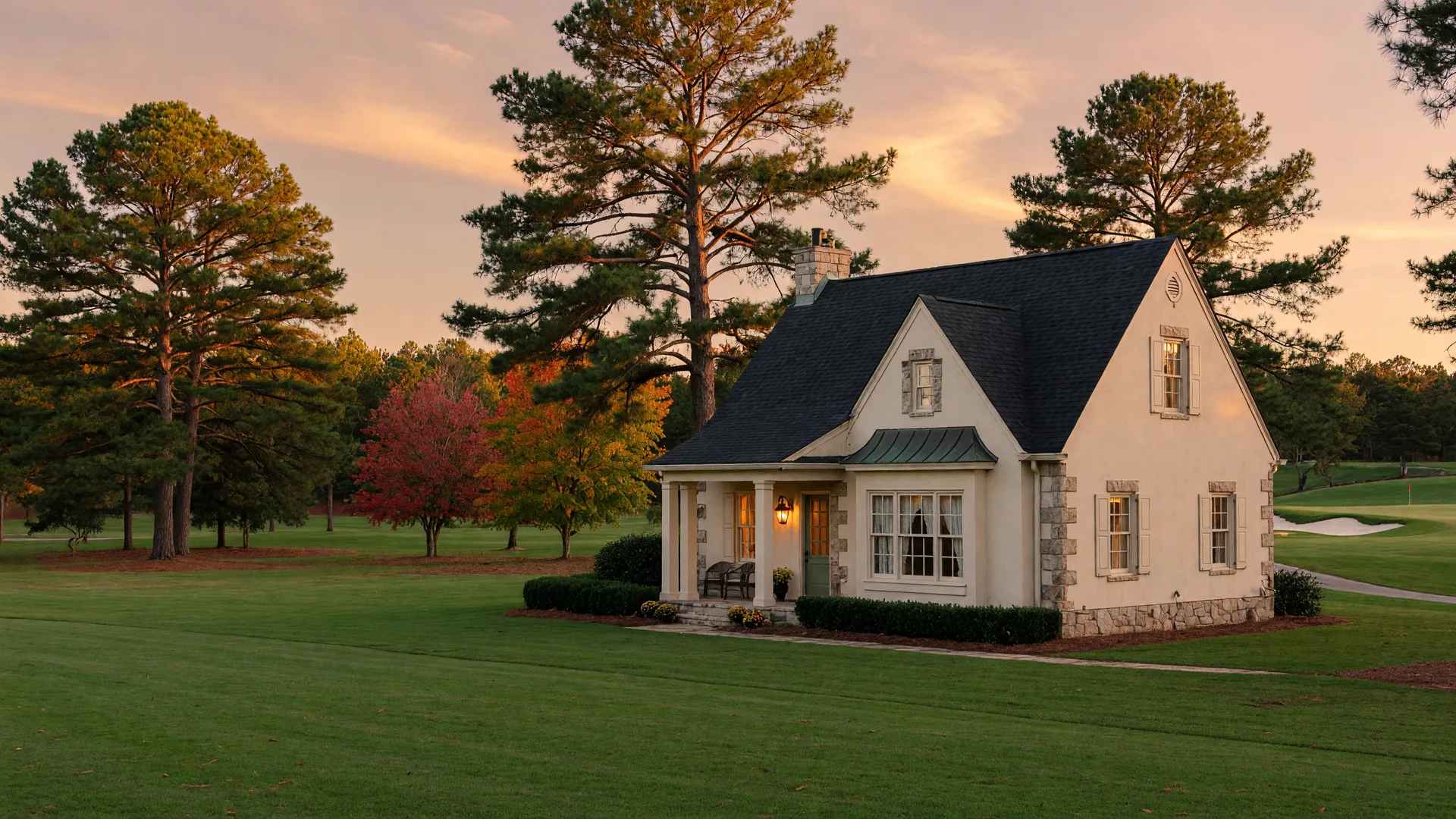 A detached luxury guest house on a manicured lawn in an upscale Georgia golf course community at golden hour