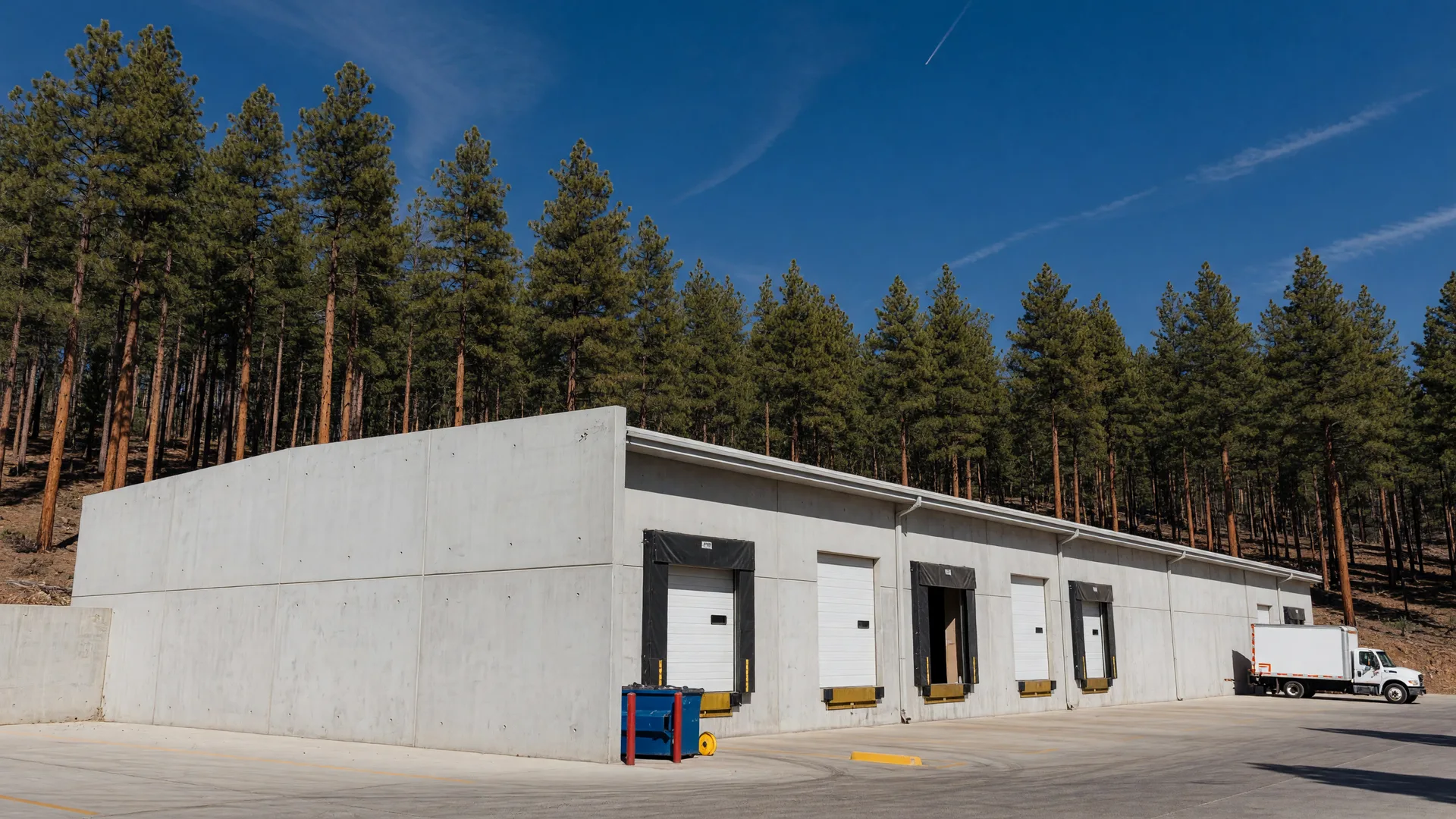 Modern light-industrial warehouse building in Northern Arizona with dock doors and ponderosa pines behind