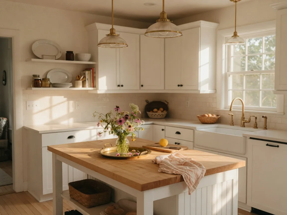 A bright, warm modern farmhouse kitchen in a Midwest family home, sunlight streaming through the window