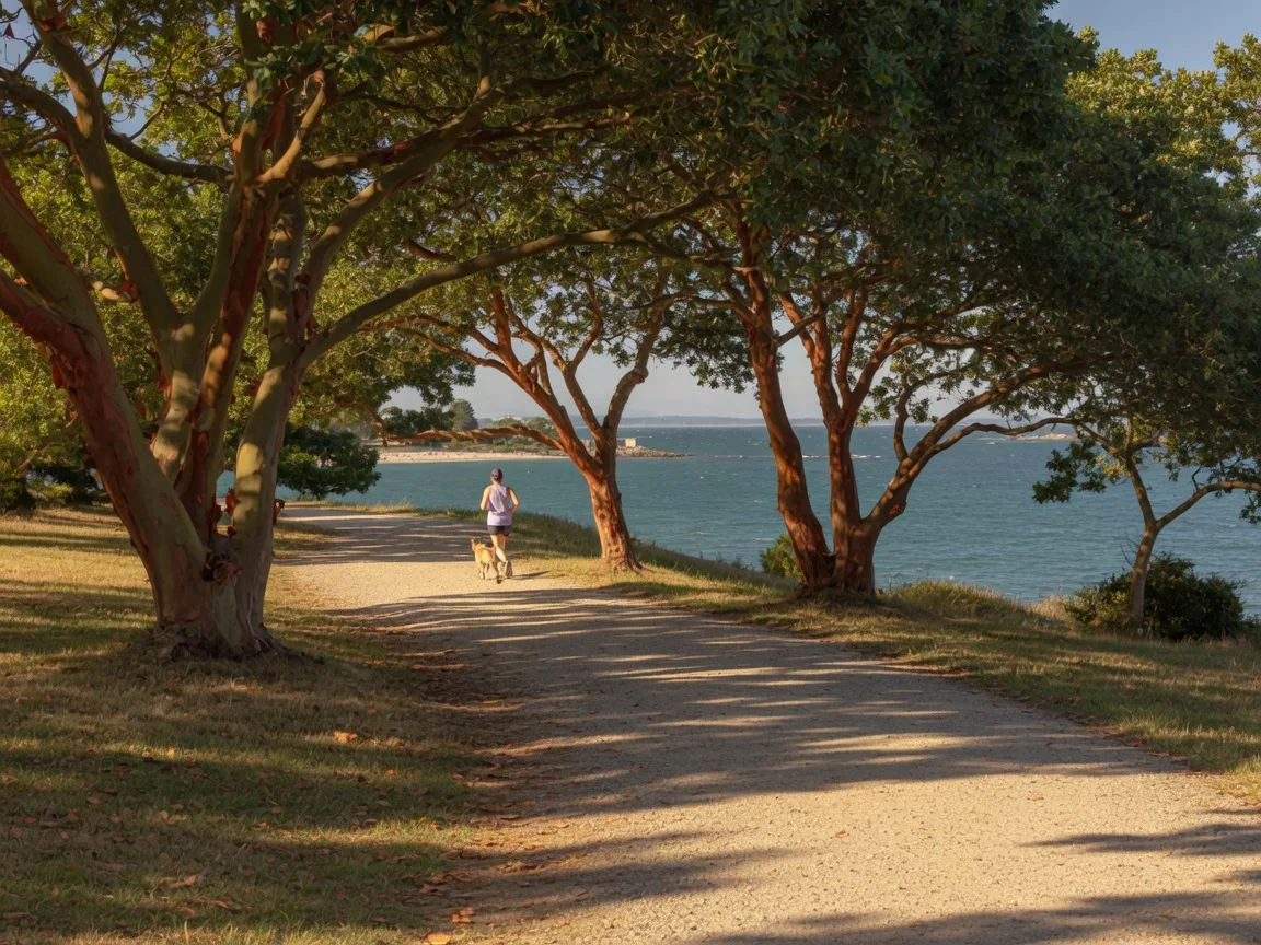 A tree-lined park path near a Victoria BC beach with dappled sunlight, ocean glimpses, and a runner with a dog in the distance