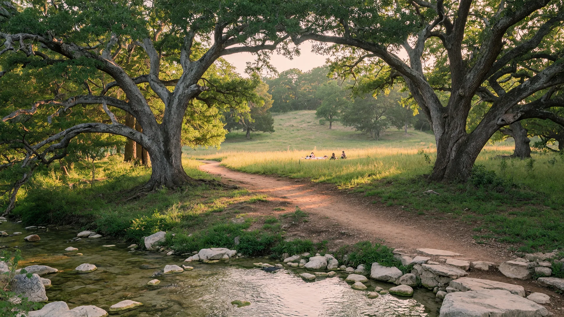 Family trail through live oaks with dappled morning light and a limestone creek