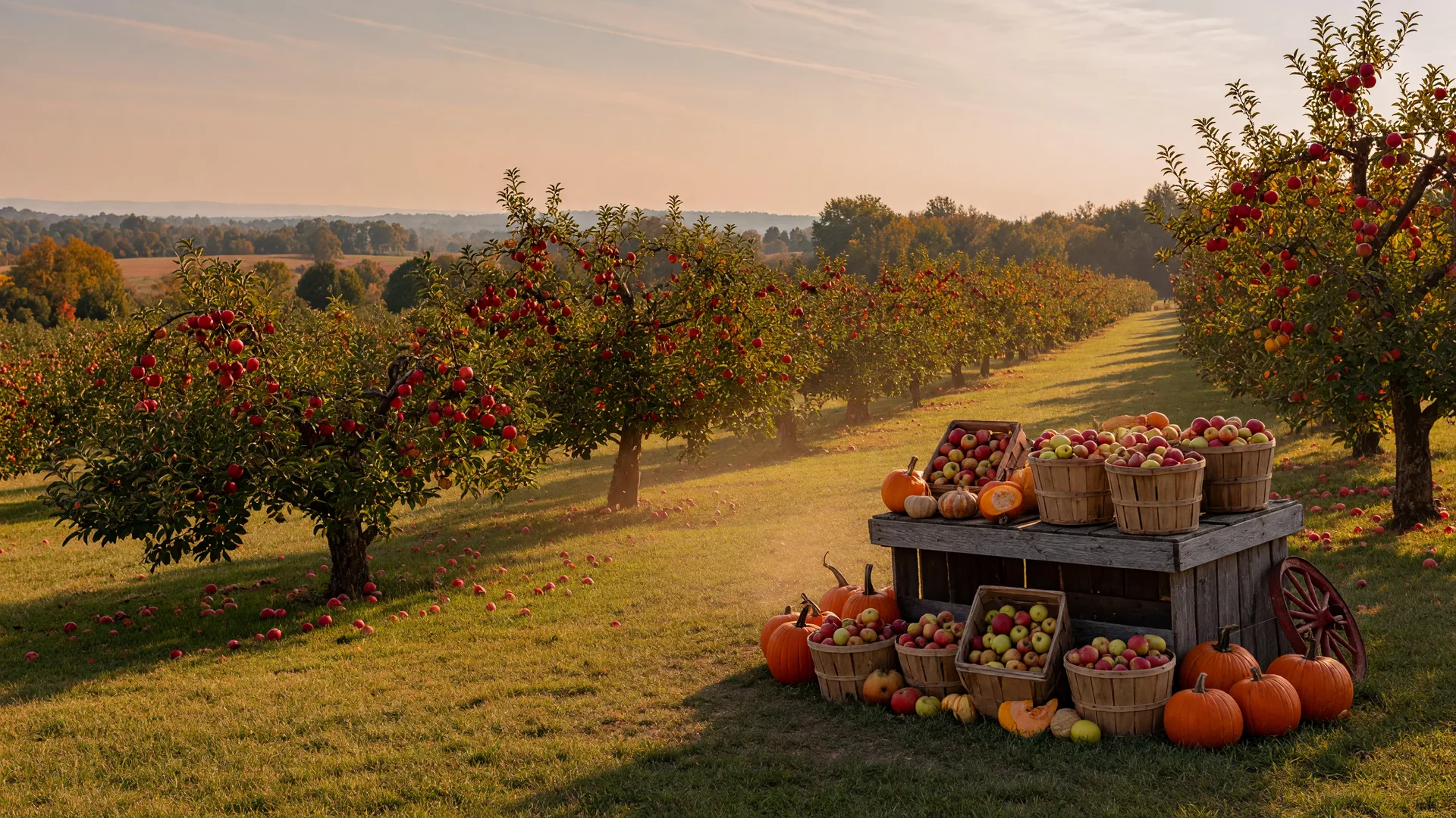 Golden late-afternoon light over an early-autumn apple orchard near Coplay, with crates of apples and pumpkins beside a farm stand