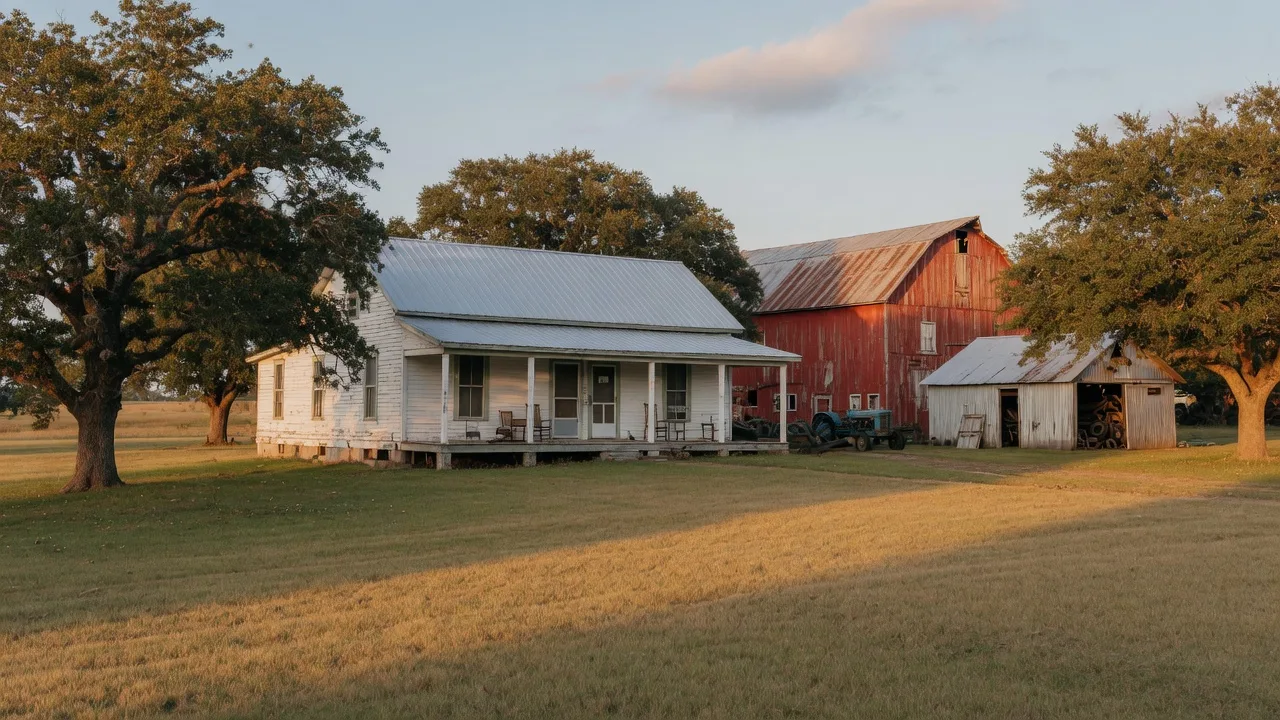 An aging white farmhouse with a long covered porch on rolling pasture in Northeast Texas at golden hour, with a weathered red barn and tin shop building behind it