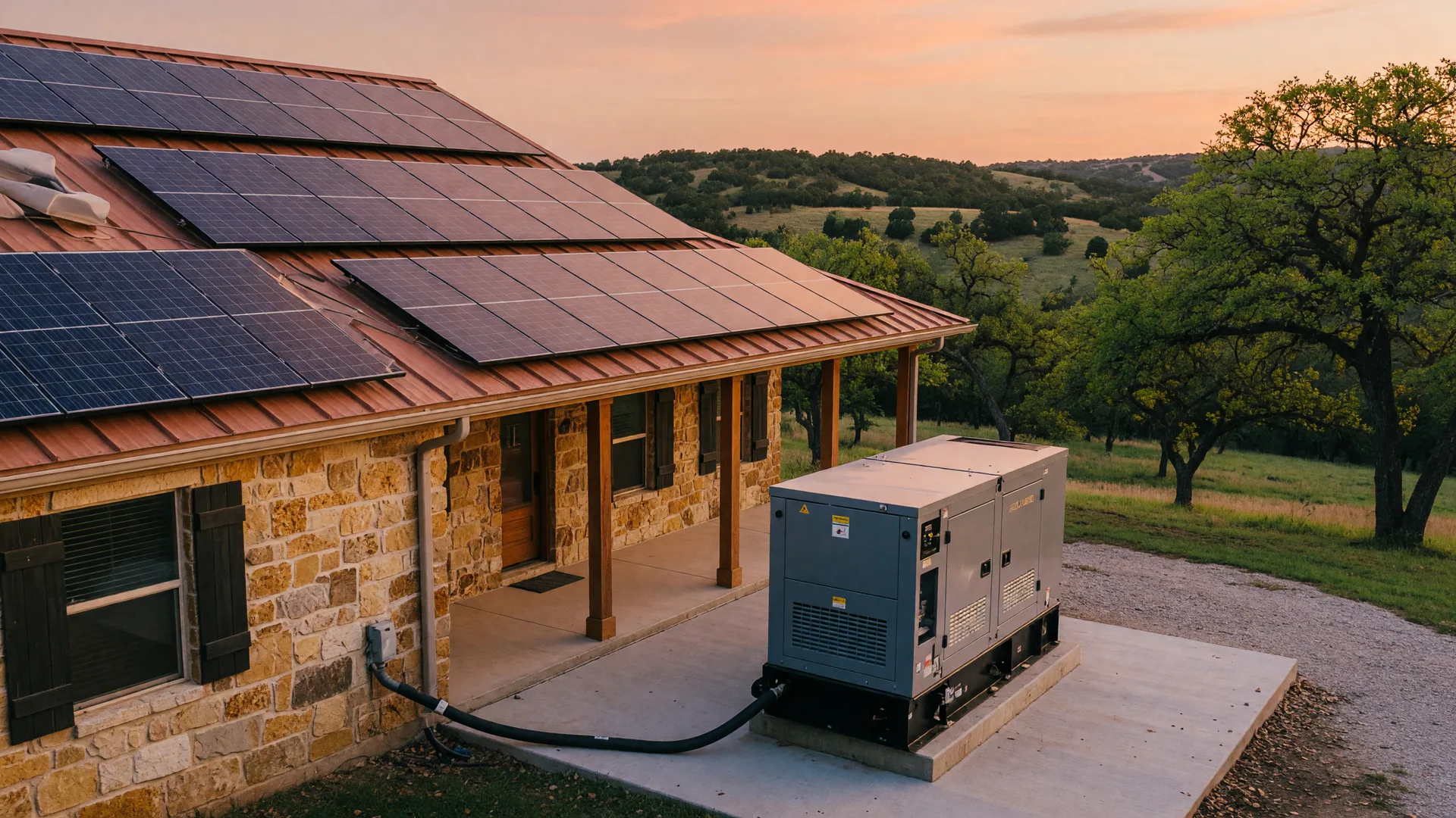 Permanently installed standby generator beside a Hill Country home with solar panels on the roof