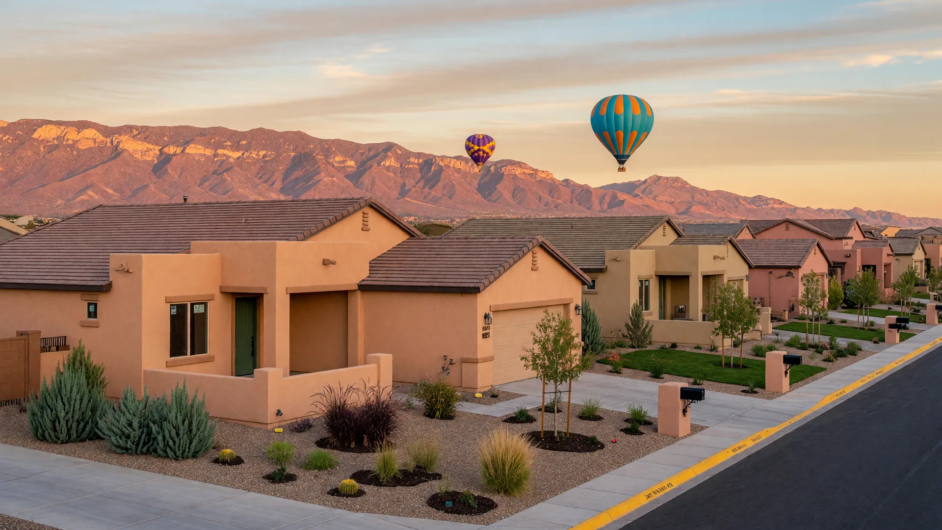 A brand-new southwestern-style stucco home in an Albuquerque master-planned community at golden hour, with the Sandia Mountains and hot air balloons in the distance