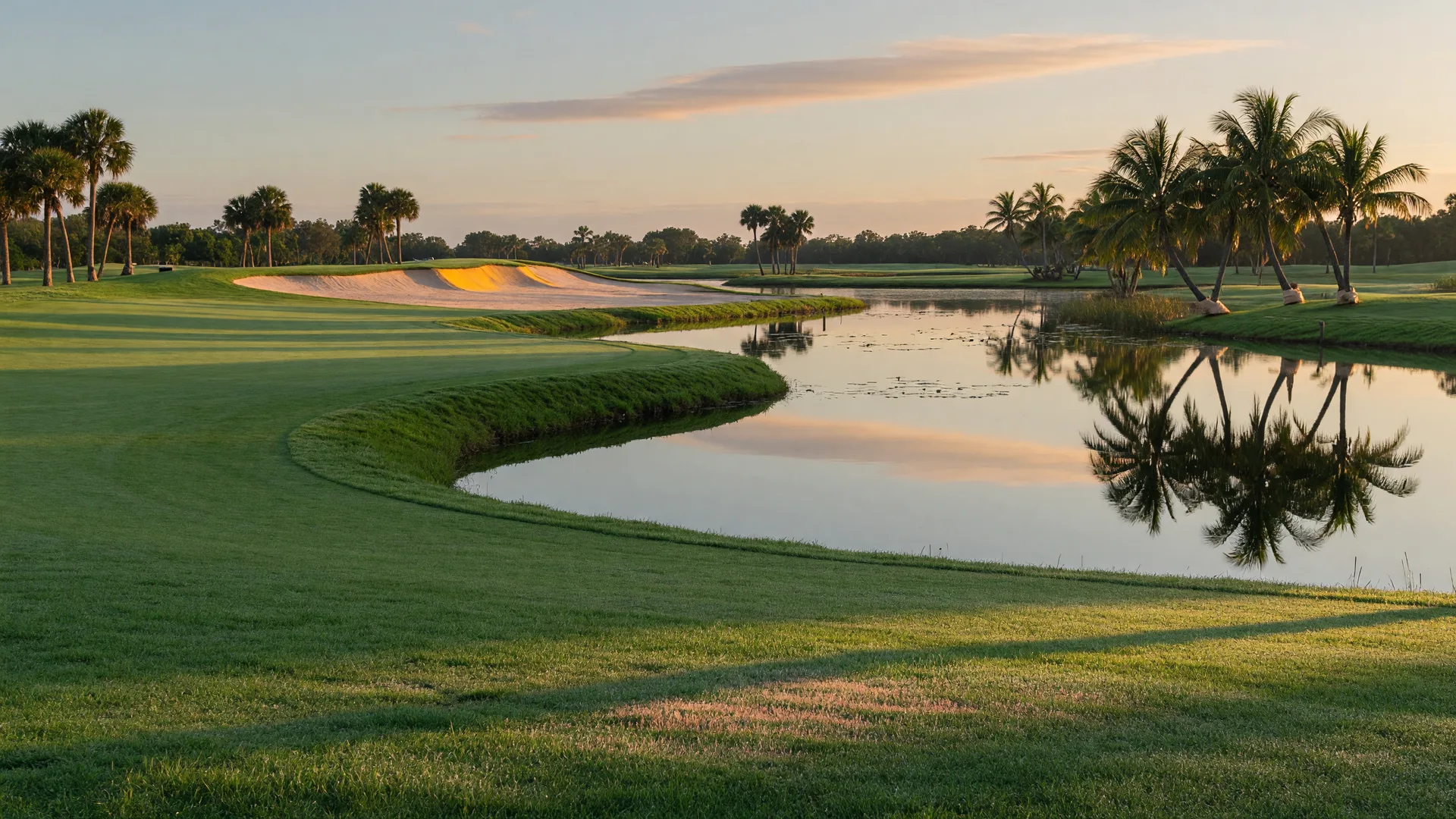A lush Florida golf fairway curving toward a lake in early morning light