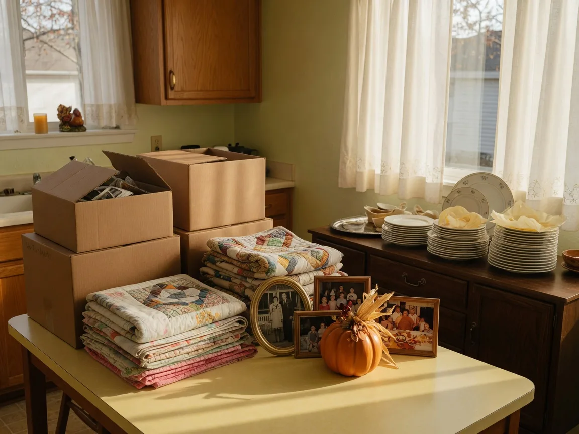 A warm sunlit kitchen table in a Northwest Indiana ranch home on Thanksgiving morning turned into a gentle sorting station, with plain cardboard boxes, folded quilts, a stack of framed family photos, and a ceramic pumpkin centerpiece in golden autumn light