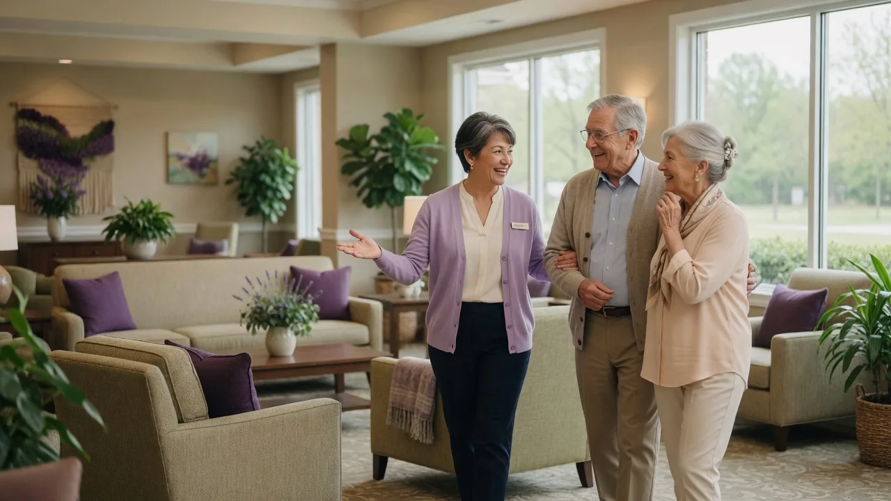A bright, elegant senior living lounge with garden views and comfortable seating