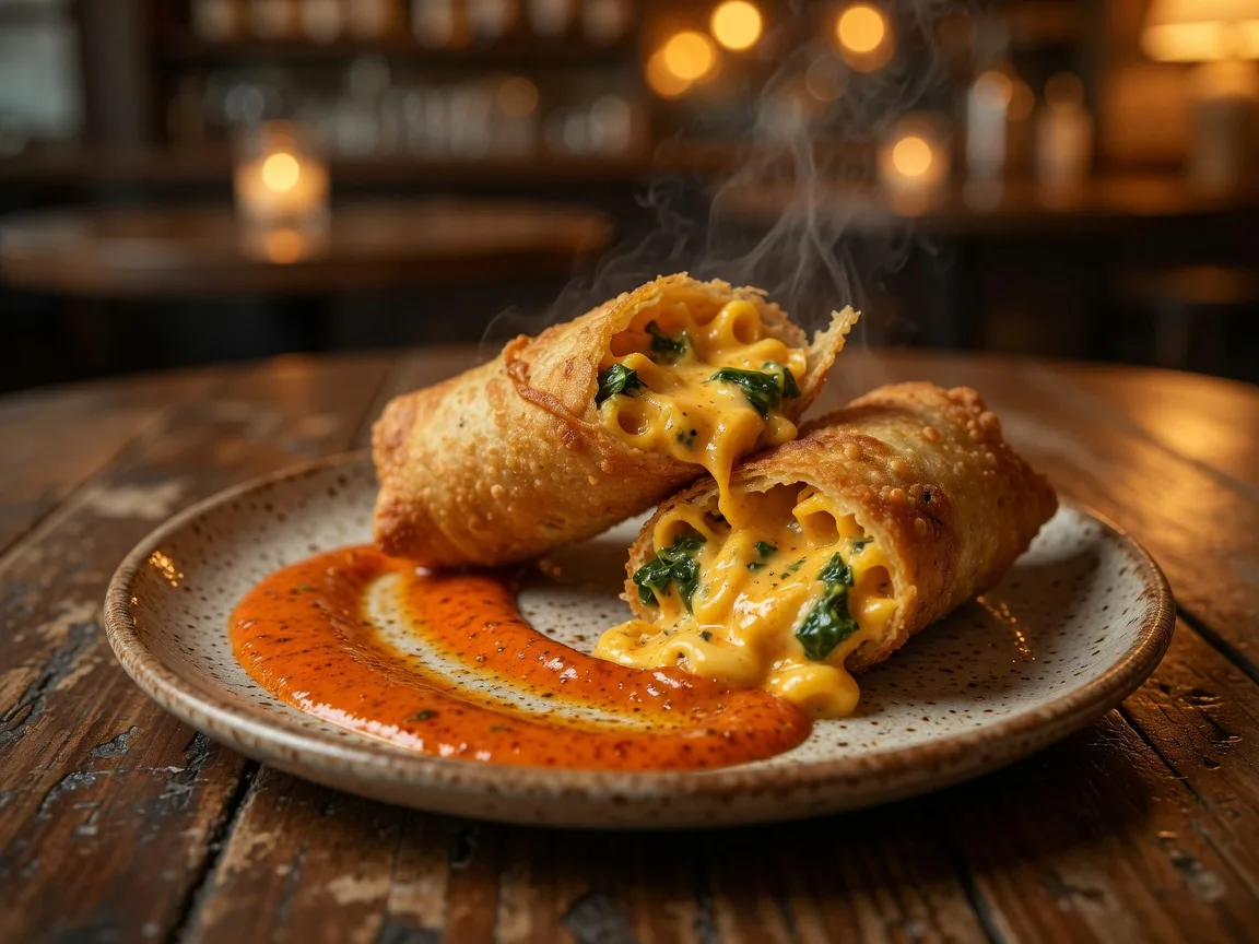 Crispy golden Soul Rolls cut open to reveal mac and cheese and collard greens filling, served with remoulade at Cuzinz The Southern Soul Bistro in Buford Georgia