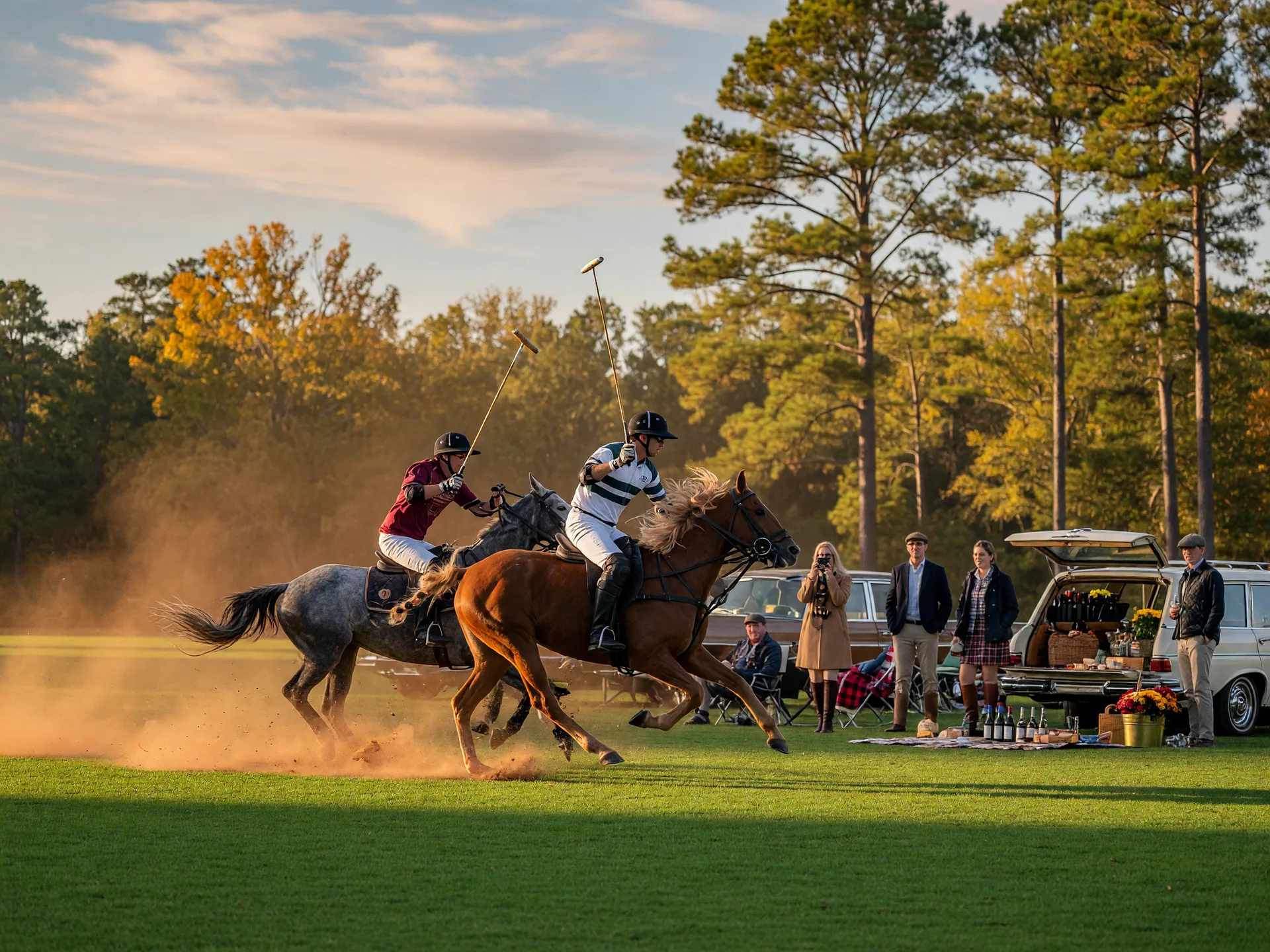 Polo players on horses galloping across a bright green field at golden hour with longleaf pines and spectator tailgating in Aiken, South Carolina