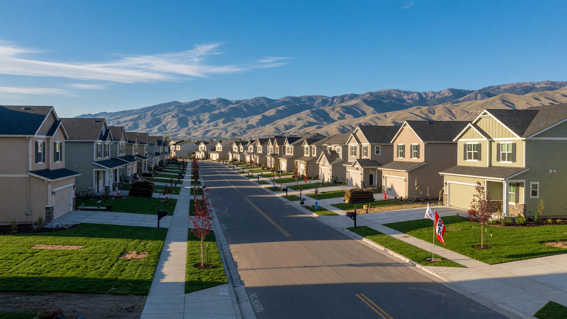 A brand-new Treasure Valley neighborhood street on a sunny morning, with freshly built two-story homes, green lawns and foothills in the distance