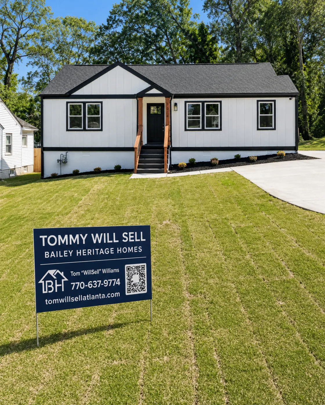 A home in Metro Atlanta with a Tommy Will Sell yard sign in the front yard on a bright sunny day