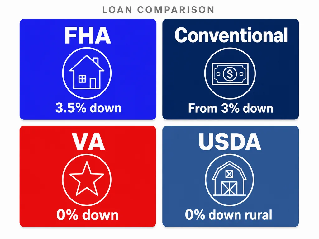 Loan comparison infographic showing the four first-time buyer programs: FHA with 3.5% down, conventional from 3% down, VA with zero down, and USDA with zero down for rural buyers