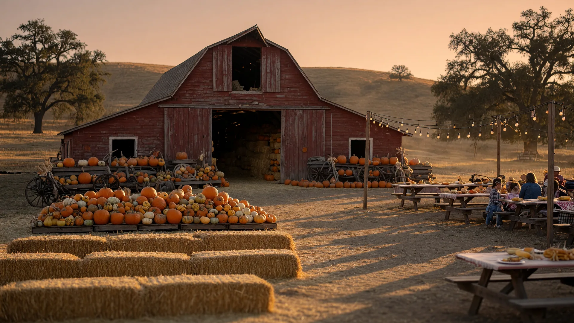 A golden late-September afternoon at a Southern California farm festival with hay bales, pumpkins, and string lights