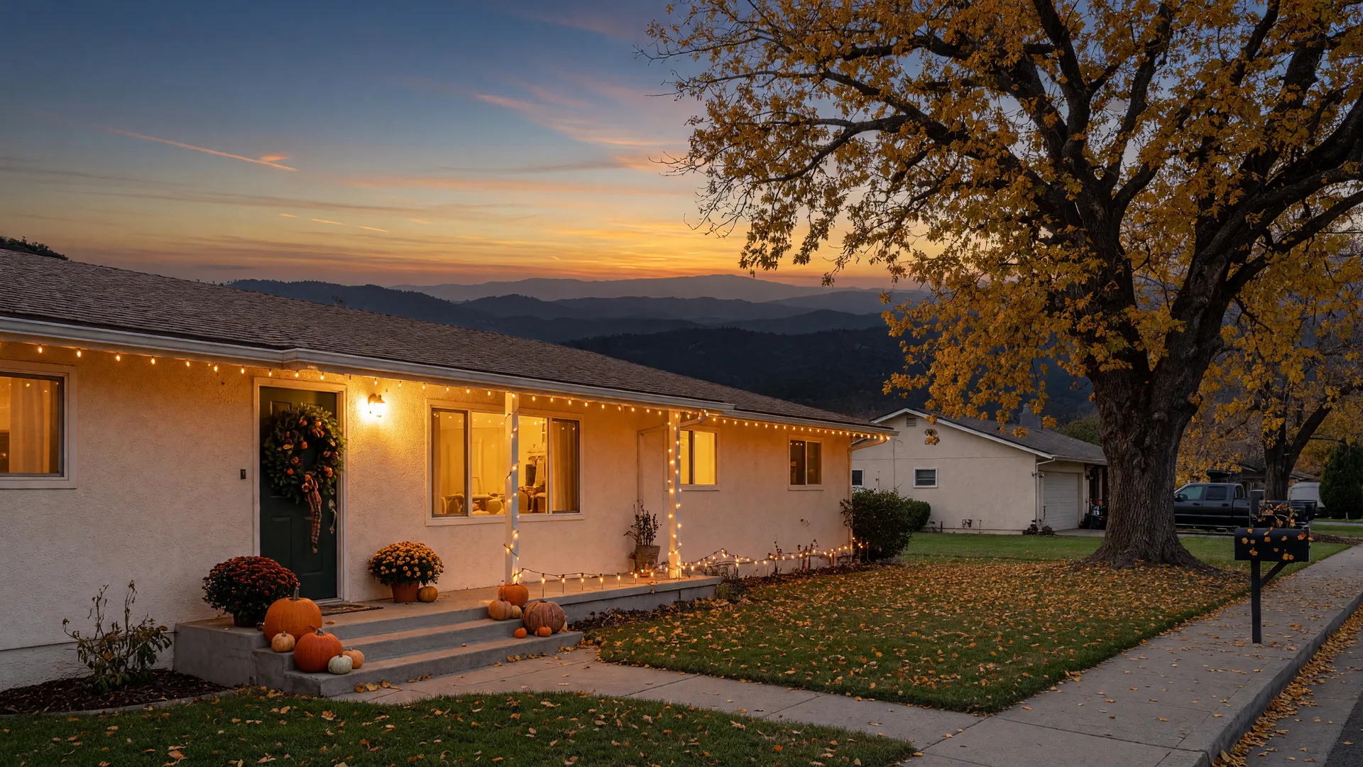 A single-story cream stucco ranch home in Merced County at dusk in late November, warm lights glowing from the windows, an evergreen wreath on the door, warm-white string lights along the roofline, pumpkins and chrysanthemums at the porch, and the Sierra Nevada foothills on the horizon