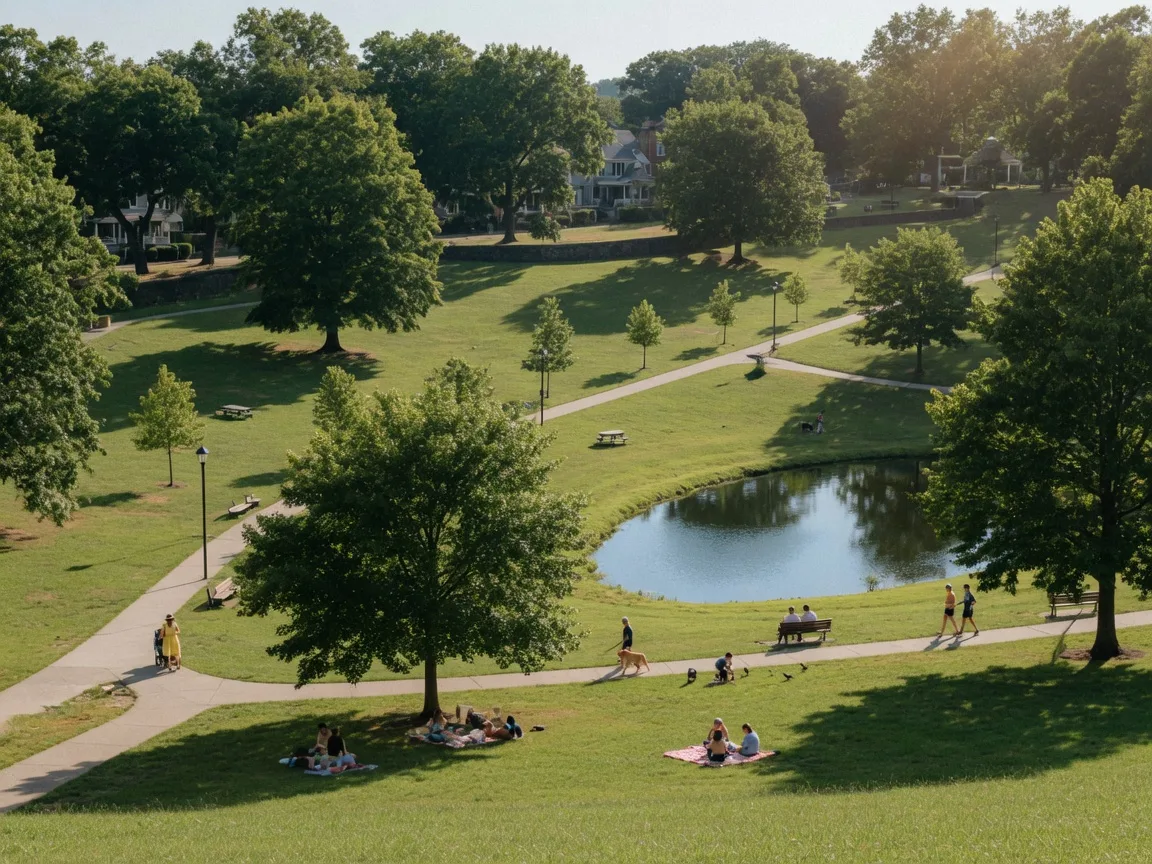 Everhart Park with walking paths and pond in West Chester