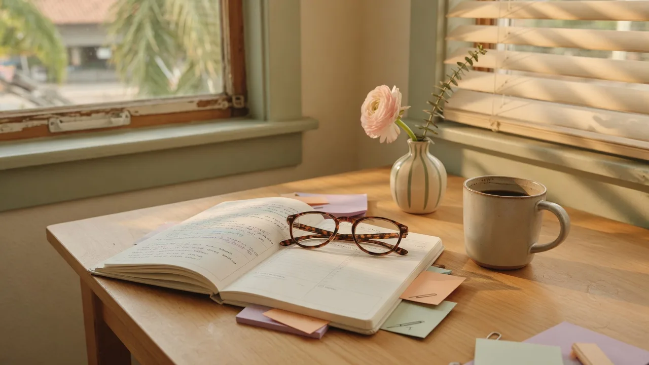 A calm home workspace with an open paper planner, handwritten notes, a ceramic coffee mug, and reading glasses in soft morning light