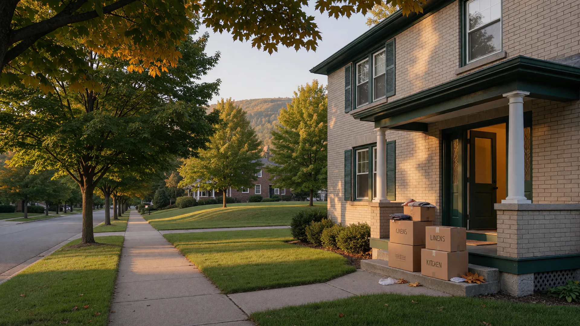 Post-war brick family home on a quiet tree-lined Hamilton Mountain street at golden hour with moving boxes on the porch