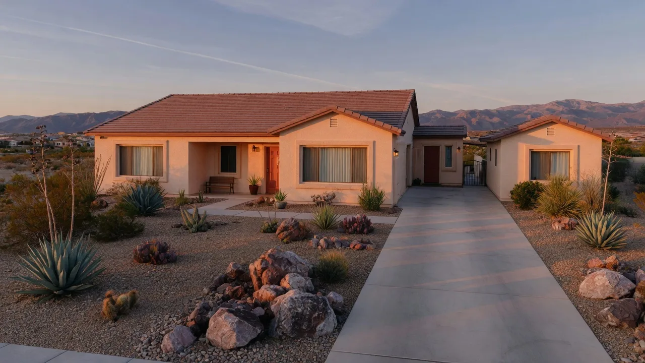 A modern single-story Las Vegas home with a detached casita guest suite and desert landscaping at golden hour