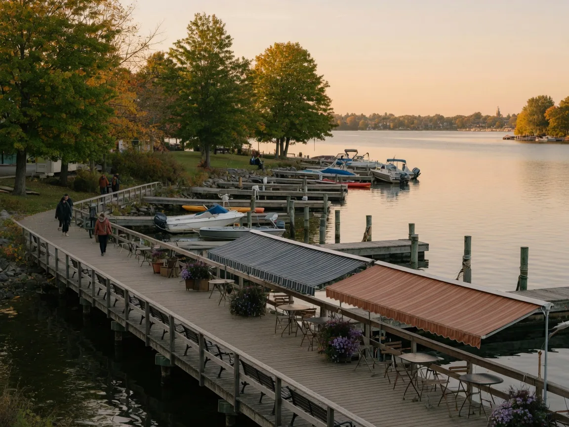 The Lake Scugog waterfront in Port Perry in late September, with lakeside restaurant patios, wooden docks and a marina under golden-hour light