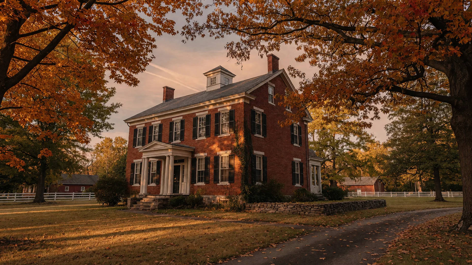 Stately brick Kentucky home with mature trees in autumn afternoon light