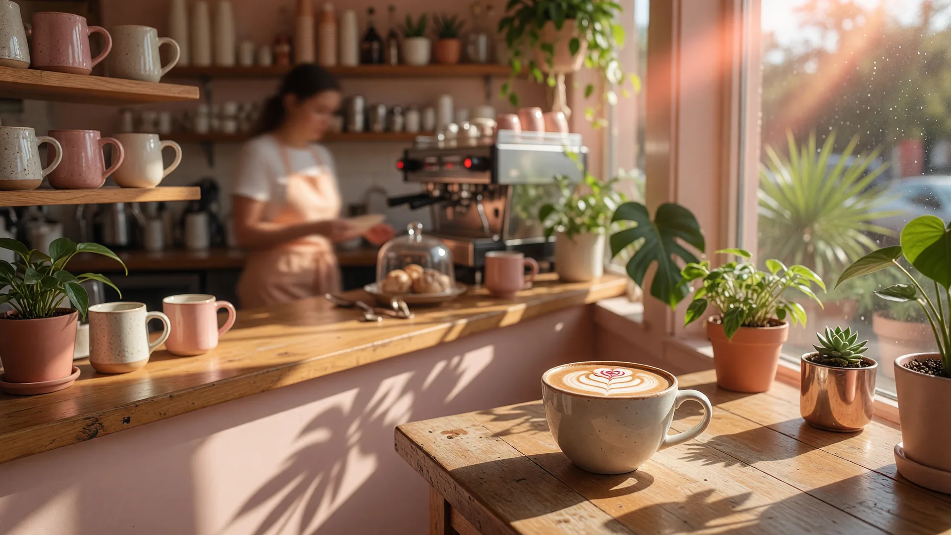Cappuccino with latte art on a wooden table by a sunlit cafe window