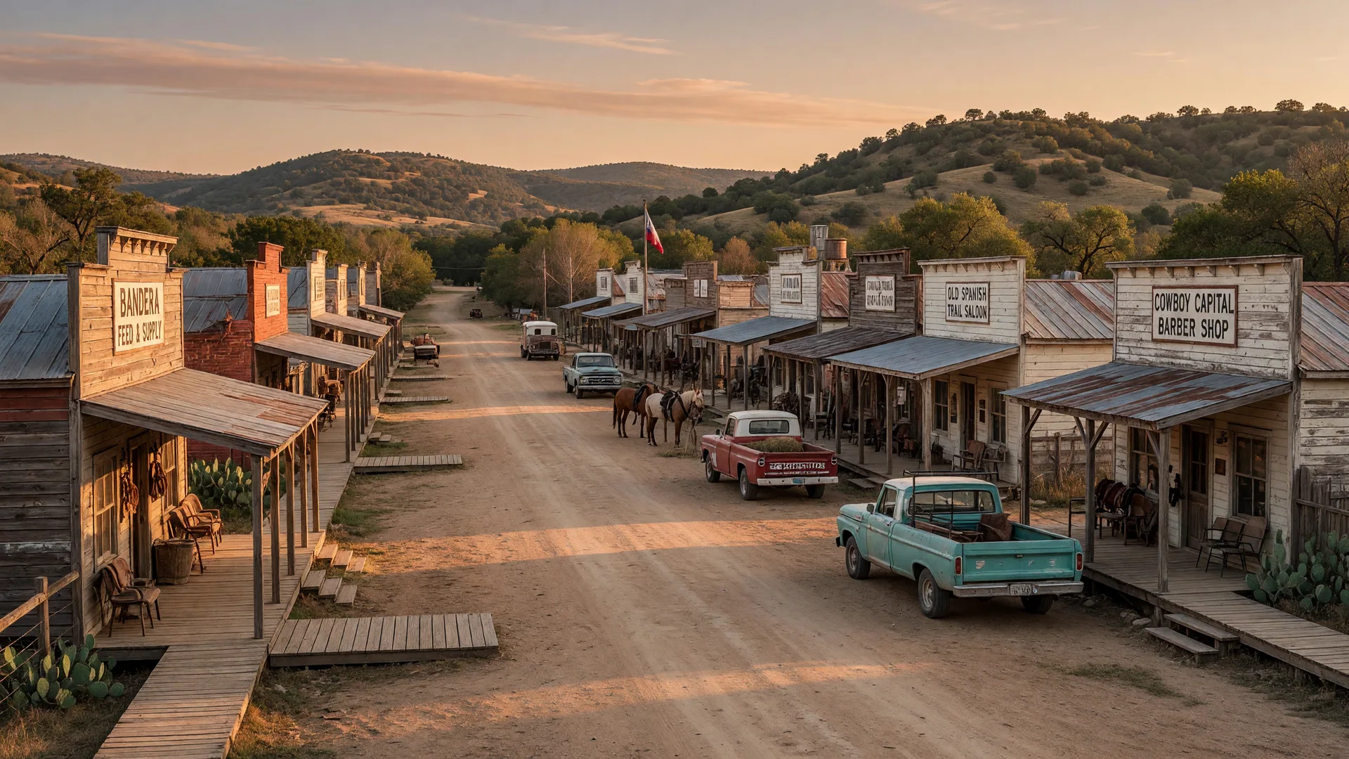Historic Bandera main street with western storefronts and wooden boardwalks under golden afternoon light