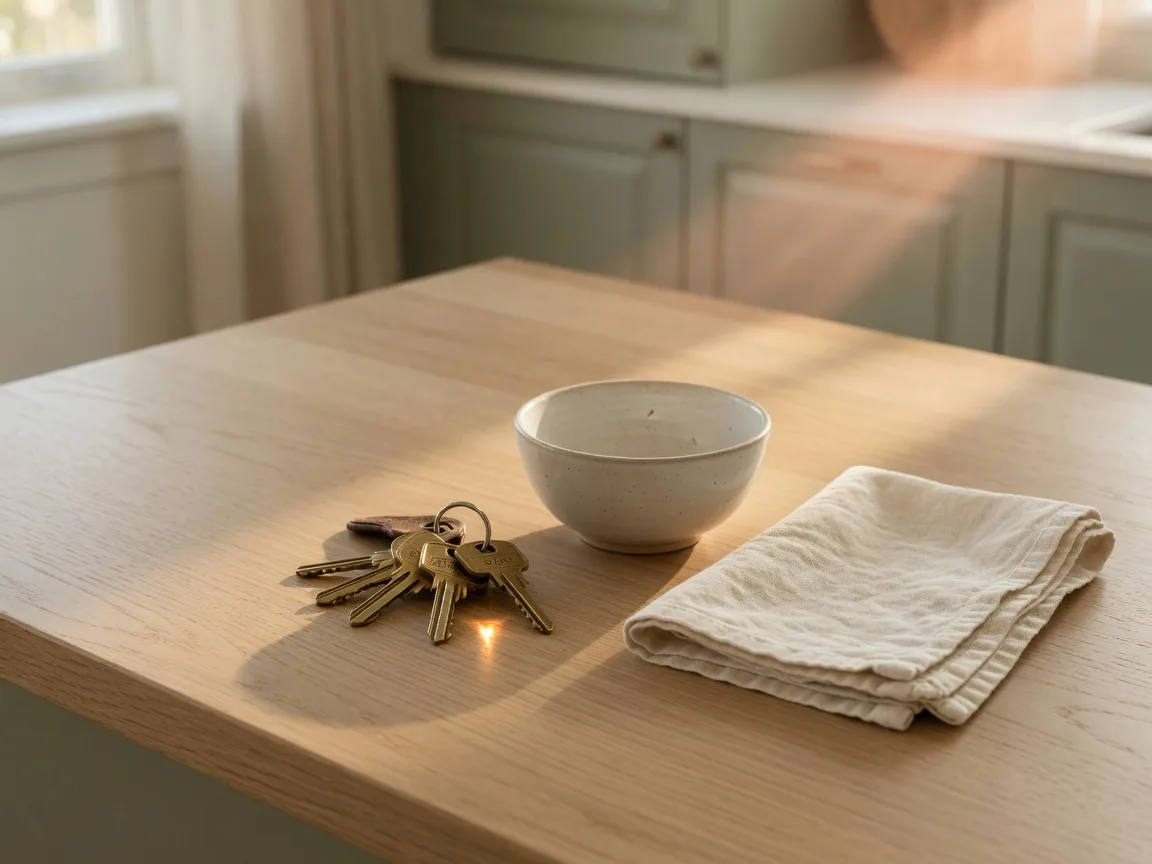 A set of house keys on a light oak kitchen counter beside a small ceramic bowl, with a bright kitchen softly blurred in the background