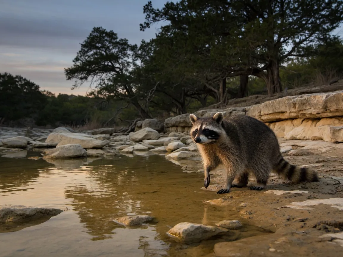 A raccoon at the edge of a Hill Country creek at twilight.