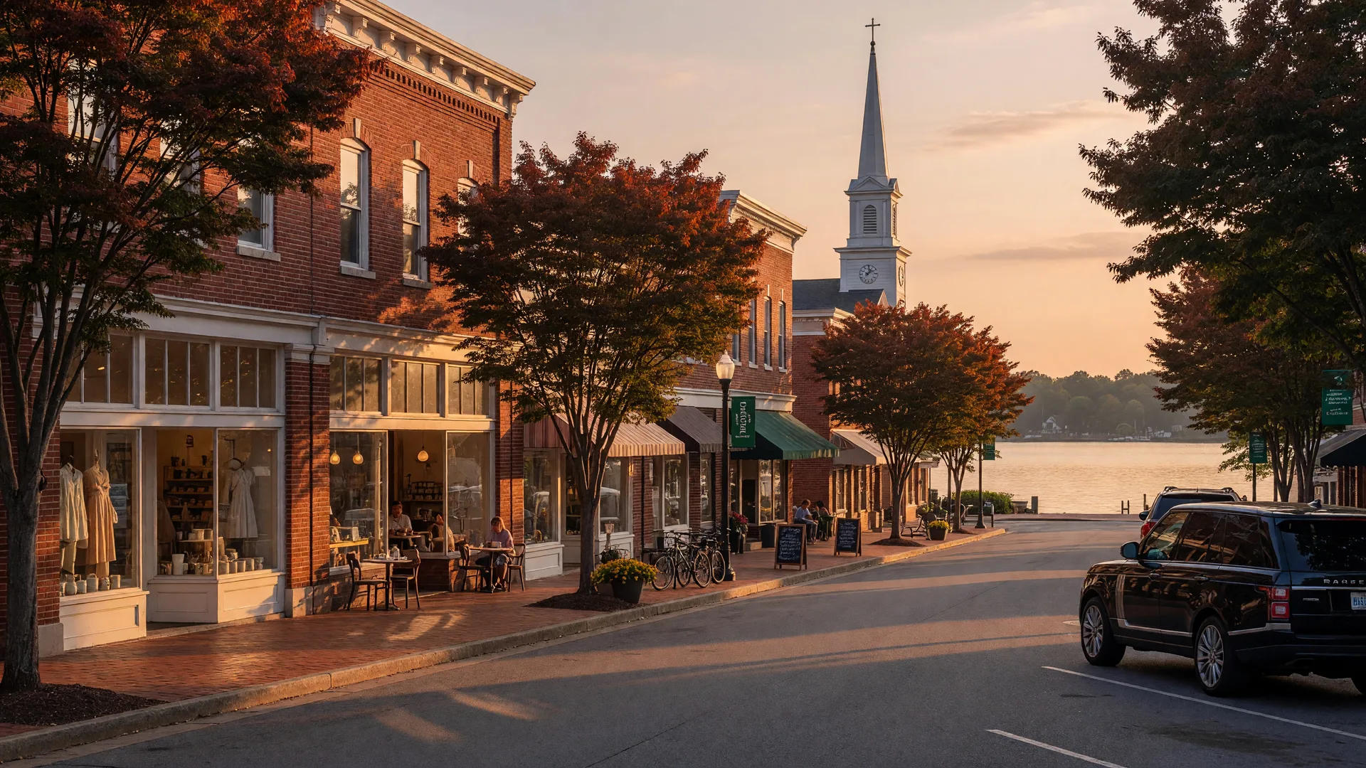 A tree-lined main street in a Lake Norman town with brick storefronts glowing at golden hour