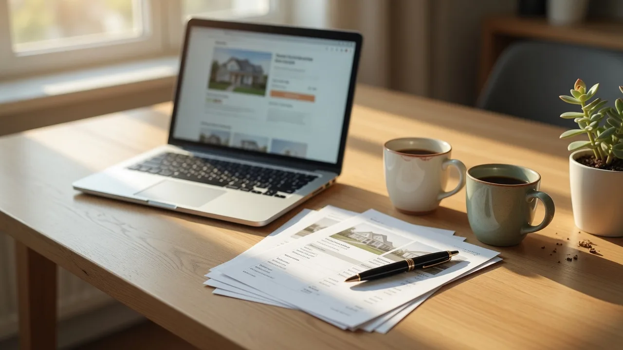 Bright real estate office desk with an open laptop, comparable sales sheets, a fountain pen, and a potted plant in warm window light