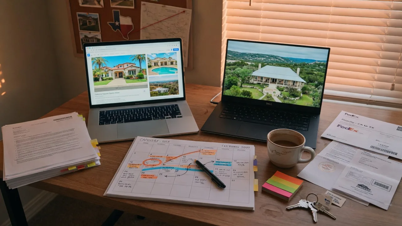 A wooden desk with two laptop screens showing a California home listing and a Texas Hill Country property alongside a calendar and moving documents representing multi-state closing logistics
