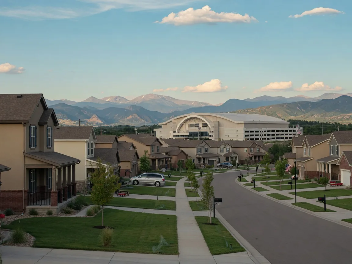 Modern suburban neighborhood in Broomfield with well-maintained homes and mountain views