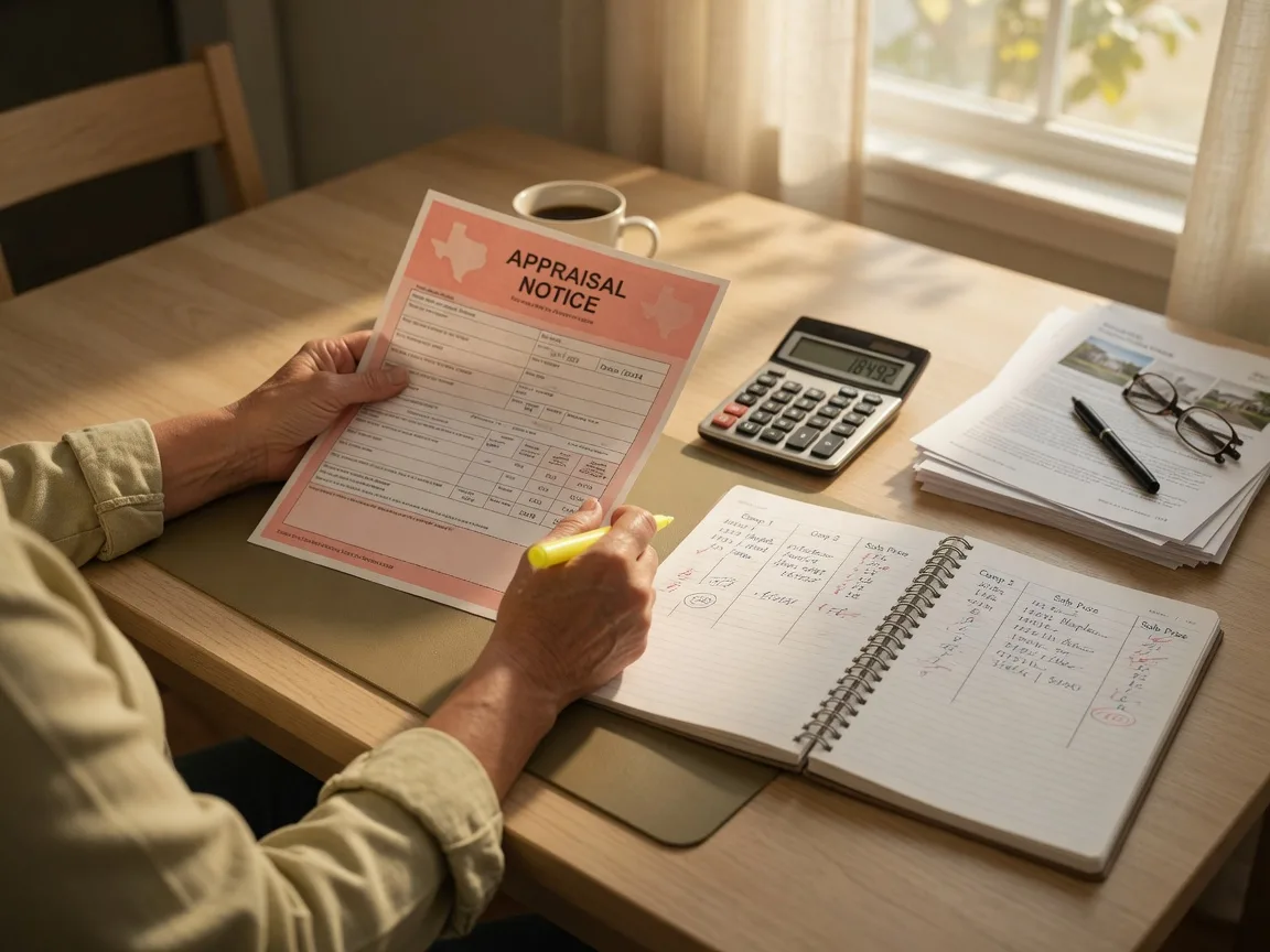 A homeowner's hands reviewing a property tax appraisal notice with a notebook of comparable home sales and a calculator on a kitchen table, showing how protest evidence is assembled