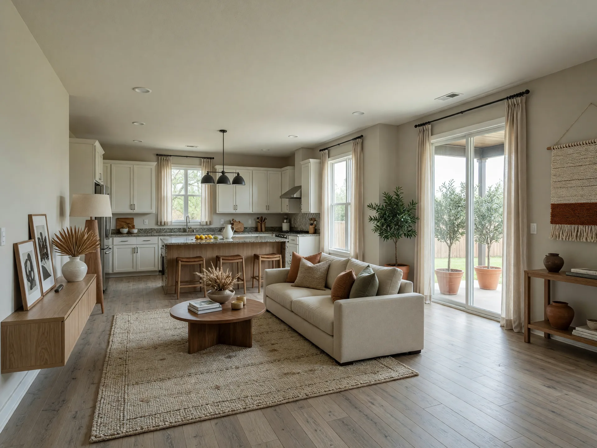 Bright open-concept living room and kitchen in a Tulsa-area patio home with hardwood floors and neutral decor