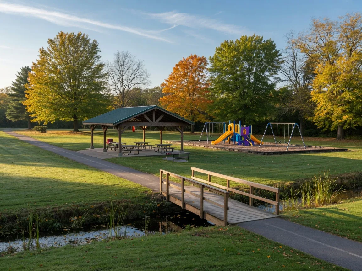 Emmaus Community Park in autumn with a picnic pavilion, walking trail, and footbridge over Leibert Creek
