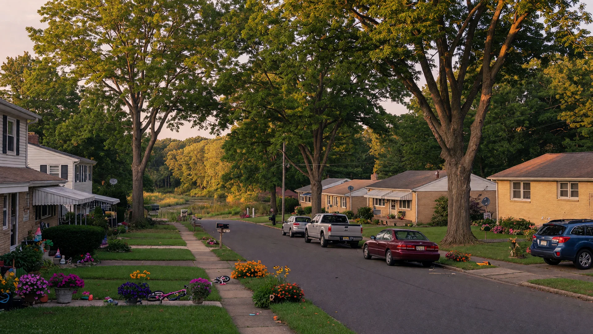 A leafy, tree-lined residential street in Gloucester Township, South Jersey, with well-kept homes in warm golden-hour light